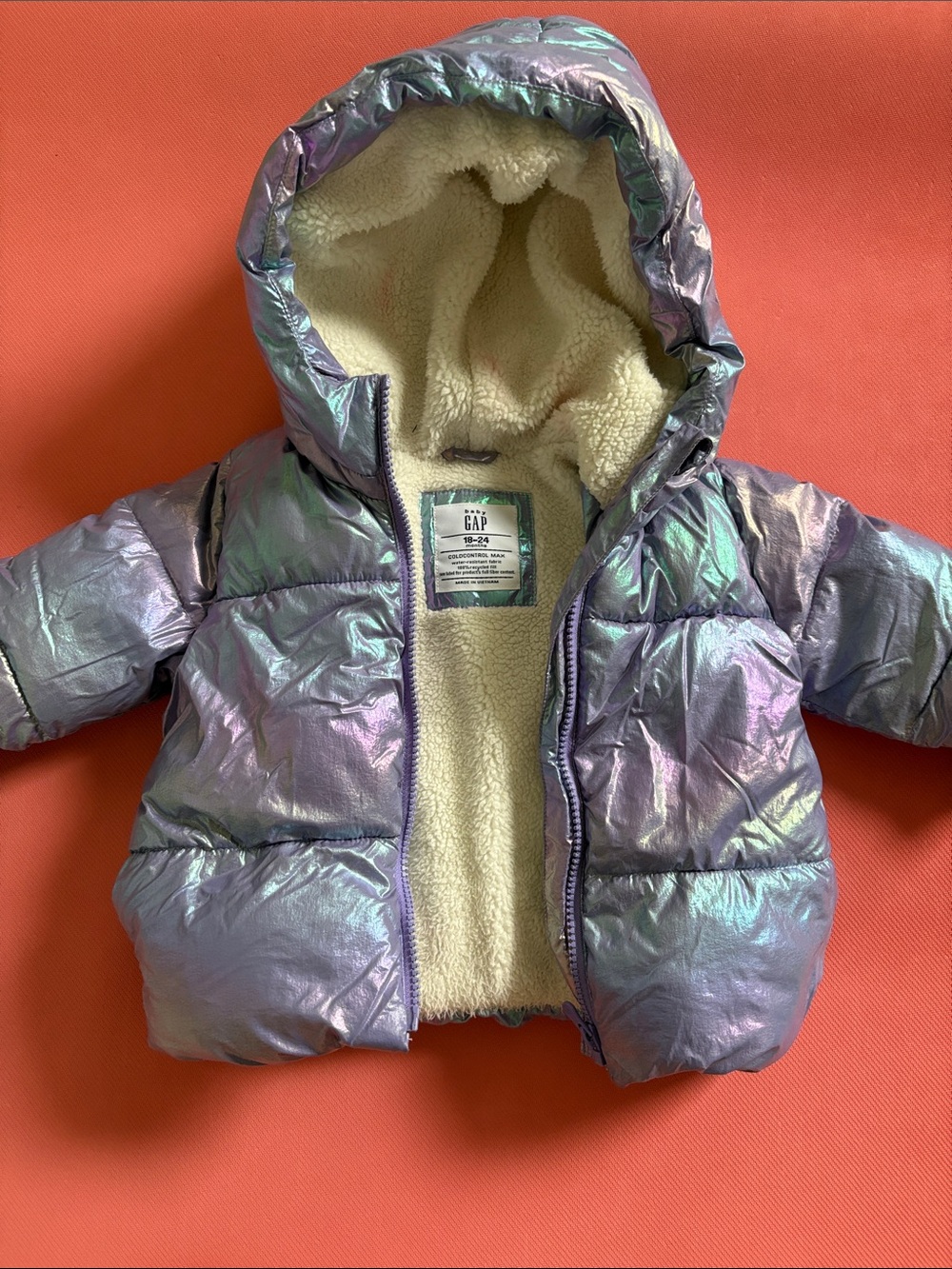 GAP Iridescent Hooded Puffer Jacket - Purple/Green Sheen
